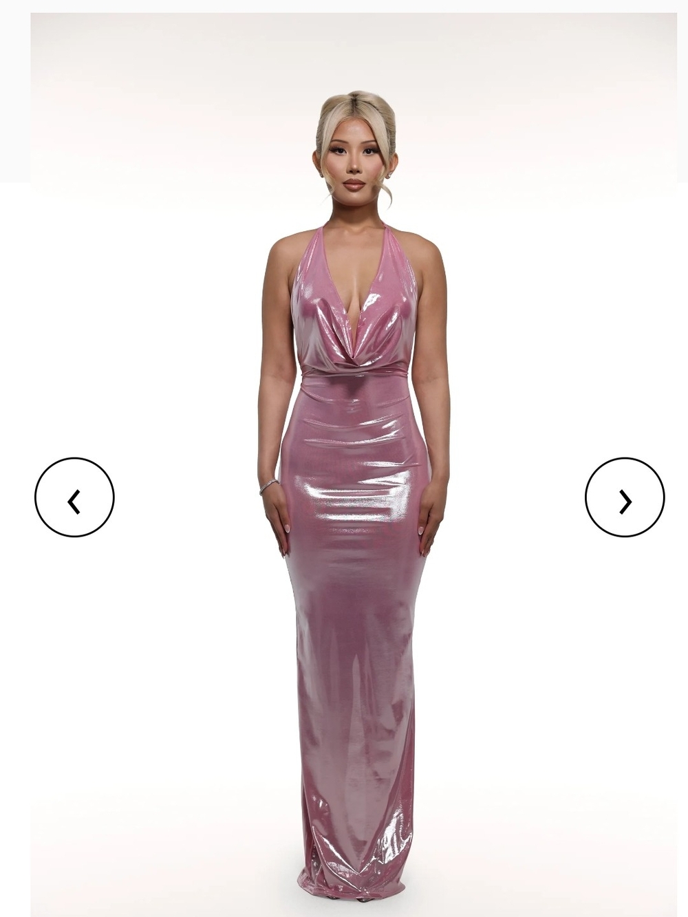 Metallic Pink Halter Maxi Dress with Draped V-Neck